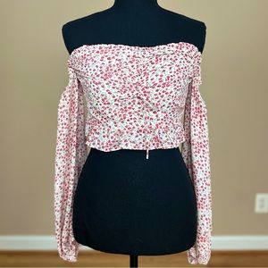 Lush Floral Printed Bardot Long Sleeve Crop Top